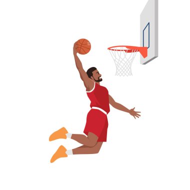 Kırmızı üniformalı basketbolcu kesin bir hareket sergiliyor. Düz vektör çizimi beyaz arkaplanda izole edildi