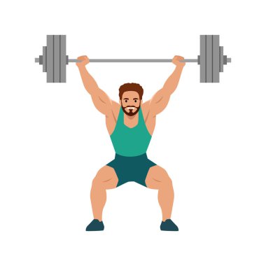 Güçlü bir adam halter kaldırıyor, güçlü ve formda. Düz vektör çizimi beyaz arkaplanda izole edildi