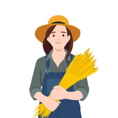 Kadın Çiftçi Buğday Hasadı. Düz vektör çizimi beyaz arkaplanda izole edildi