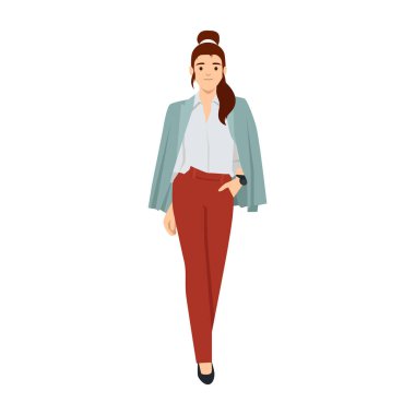 İş kıyafeti giymiş, kırmızı pantolon, beyaz bluz ve spor ceket giyen kendine güvenen genç bir kadın. Düz vektör çizimi beyaz arkaplanda izole edildi