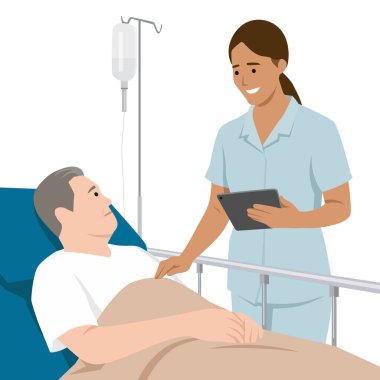 Hastane yatağında serumla yatan bir hastayla ilgilenirken hemşire elinde tablet tutuyordu. Düz vektör çizimi beyaz arkaplanda izole edildi