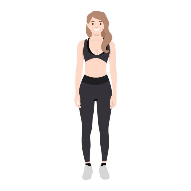 Young woman wearing black sports bra, leggings, and sneakers, standing and smiling. Flat vector illustration isolated on white background