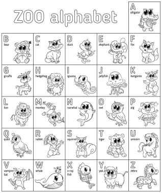 Siyah beyaz alfabe ve şirin hayvanlar. Boyama. Vektör çizimi. İngilizce alfabesi.