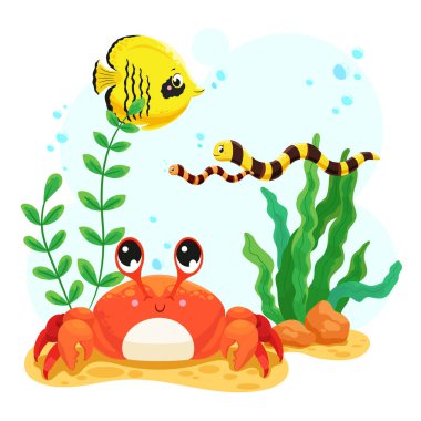 Denizdeki deniz hayvanları. Tatlı yengeç, balık ve yosun. Vektör illüstrasyonu.