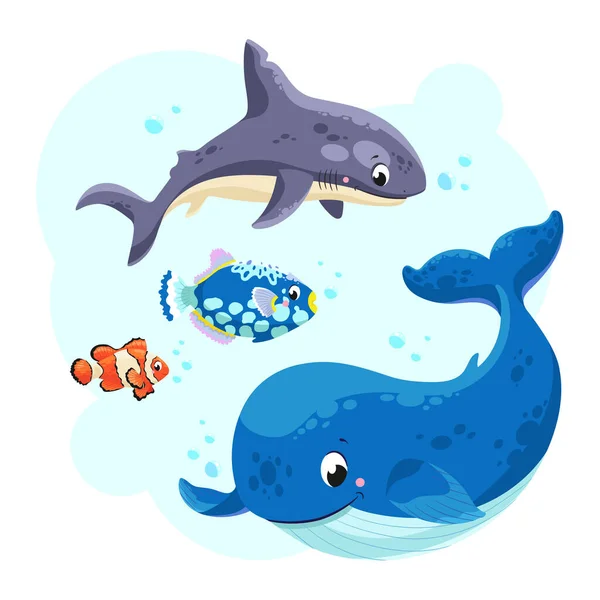 Les Animaux Marins Dans Mer Mignon Requin Baleine Poisson Illustration — Image vectorielle