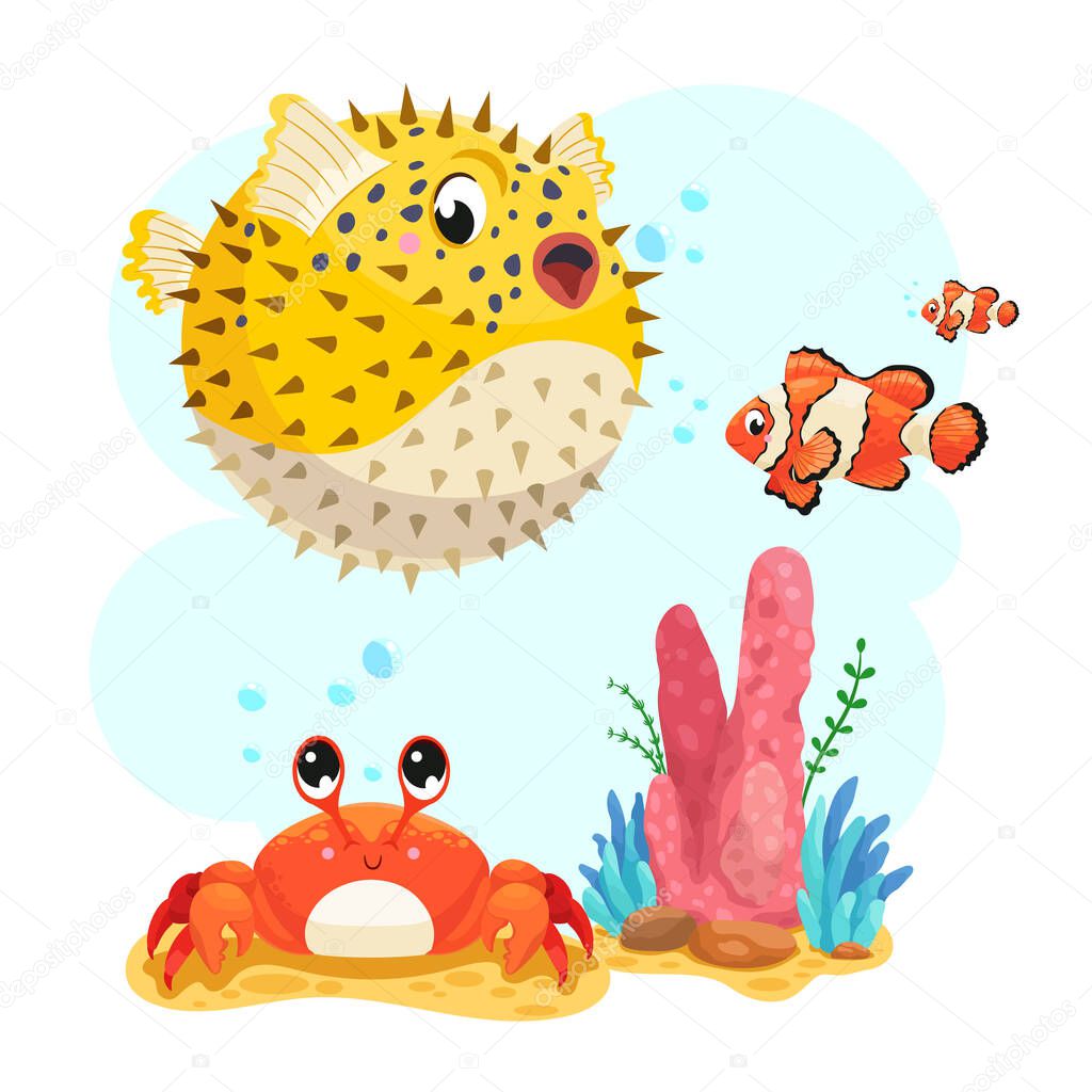 Sea animals in the sea. Cute puffer fish, clown fish and funny crab. Vector illustration.