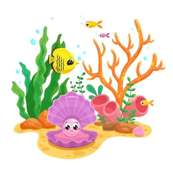 Roztomilá Mořská Perla Skořápce Rybami Řasami Vektorová Ilustrace — Stockový vektor