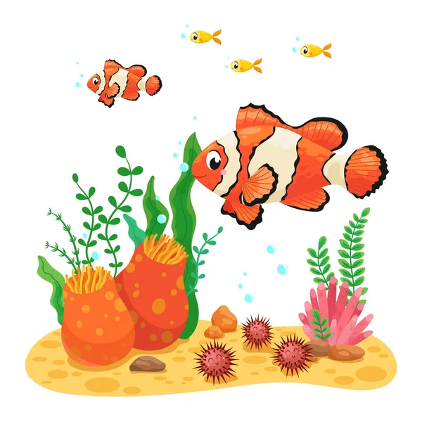 Μικρά Ψάρια Κάτω Από Νερό Κοράλλια Εικονογράφηση Διανύσματος — Διανυσματικό Αρχείο
