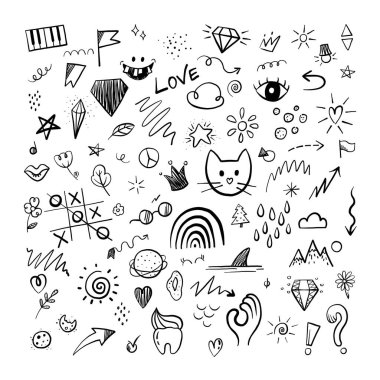 Tasarım konsepti için elle çizilmiş kristaller, oklar, çizgiler ve diğer elementler. Vektör karalama çizimi.