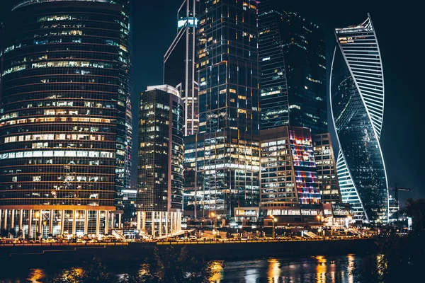 Skyscrapers and lights. Moscow business center. Night cityscape