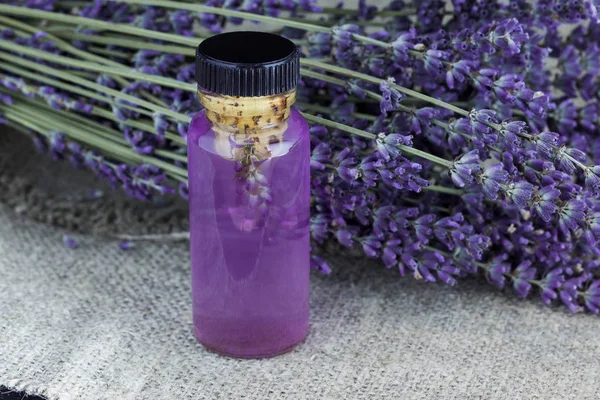 Bottle of essential lavender oil and lavender flowers on background.