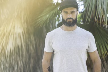 Hipster gri boş tişört ve siyah snapback kapağı için logo veya tasarım alanı ile rahat kentsel tarzı giymiş sakallı yakışıklı erkek modeli. Yeşil palmiye ve kaktüs özgeçmişlerine Bahçe.
