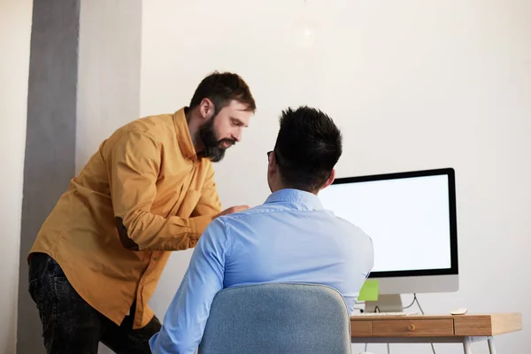 Coworking Process Businessman Desktop Connecting Networking Concept. Two confident young men looking at desktop monitor