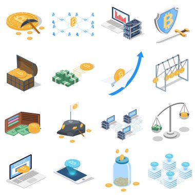 İzometrik 3d cryptocurrency kavramı illüstrasyon vektör. Bir koleksiyon için cryptocurrency ilgili resimler.