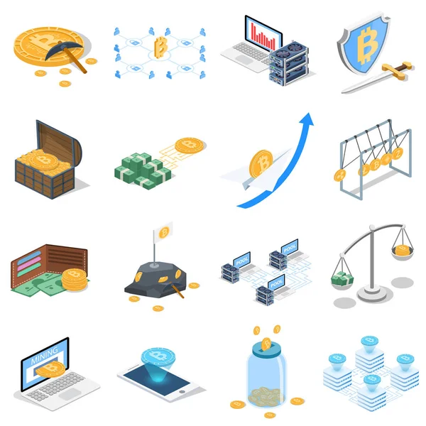 İzometrik 3d cryptocurrency kavramı illüstrasyon vektör. Bir koleksiyon için cryptocurrency ilgili resimler.