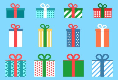 Düz vektör çizim hediye kutuları kümesi. Noel hediyesi