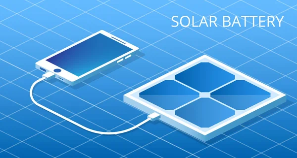 Açılış Web sitesi Powerbank güneş pili üzerinde çalışıyor. Güneş paneli kavramı izometrik 3B vektör telefon şarj
