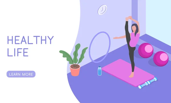 Landing for the website Yoga and Pilates classes, people play sports isometric 3D vector illustration.