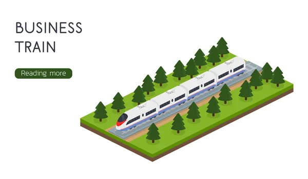 Isométrico 3D vector ilustración tren de alta velocidad para el sitio de aterrizaje — Vector de stock