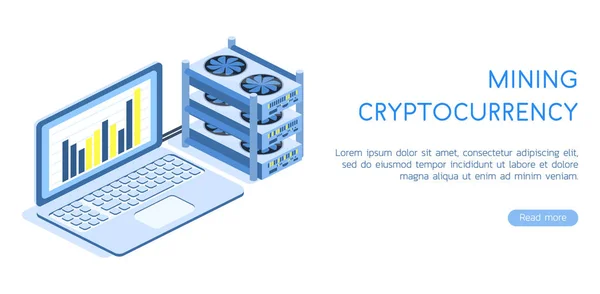 Isometrische 3D-Vektor-Illustration Landing Page Laptop und Grafikkarte für den Bergbau. Kryptowährungsbergbau — Stockvektor