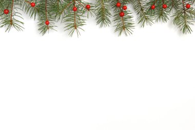 Xmas ağacı ve beyaz ahşap zemin üzerinde kırmızı meyveler ile Noel arka plan. Neşeli Noel tebrik kartı, çerçeve, afiş. Kış tatil Tema.