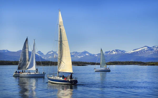 Zeilboten zeilen, blue bewolkte hemel en witte zeilen. Molde, Noorwegen, Europa — Stockfoto