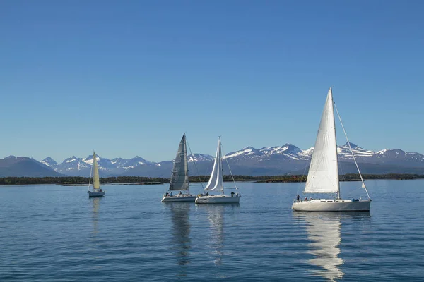 Zeilboten zeilen, blue bewolkte hemel en witte zeilen. Molde, Noorwegen, Europa — Stockfoto