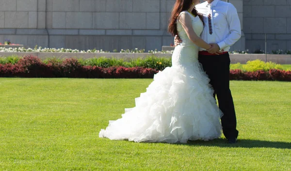 Bräutigam und Braut in einem wunderschönen Kleid. Hochzeitskonzept. — Stockfoto