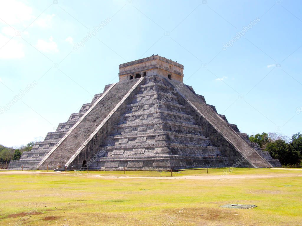 The Temple of Kukulcan at the Chichen Itza archaeological site, Mexico. SIde view.