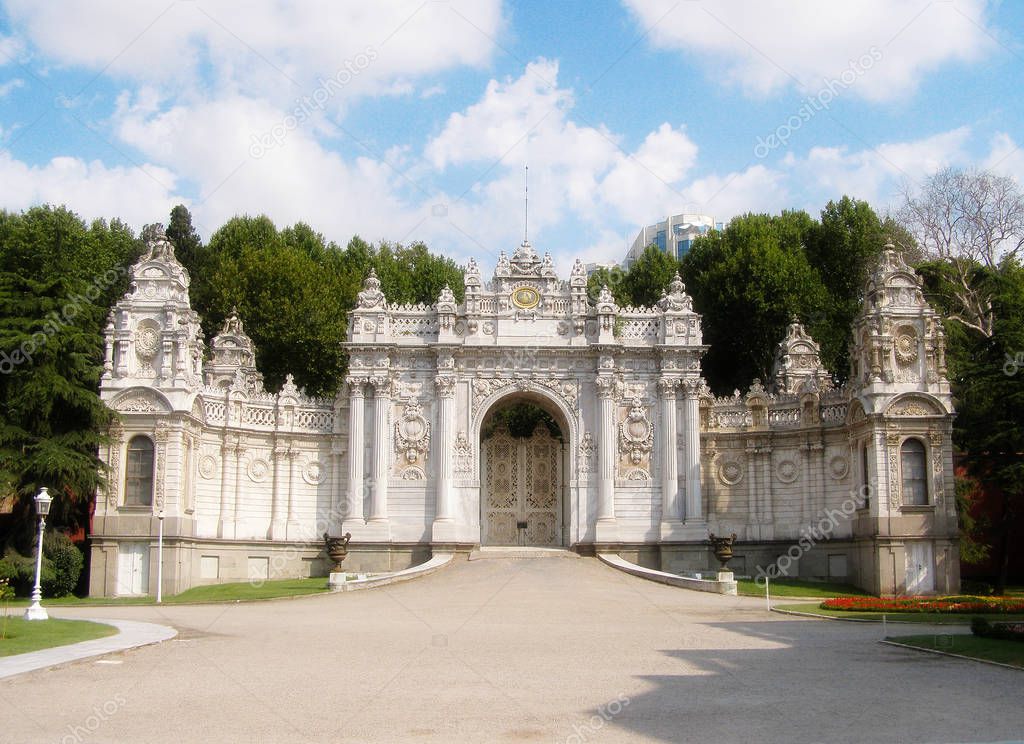The gate of Dolmabahce Palace in Istanbul, Turkey. Dolmabahce Palace is at the bank of Bosphorus strait.
