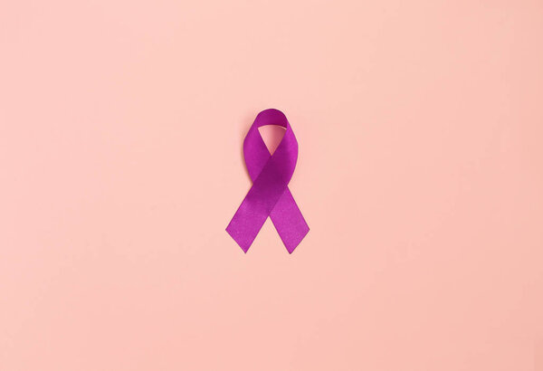 Purple ribbons toning copy space background, Alzheimer's disease, Pancreatic cancer, Epilepsy awareness, Hodgkin's