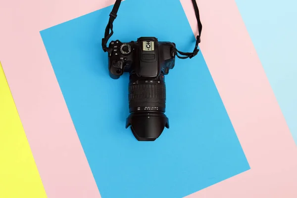 Fashion Film Camera. Minimal Creative style with colorful paper backdrop Pastel Sweet Style. Flat lay. top view. Copy space.