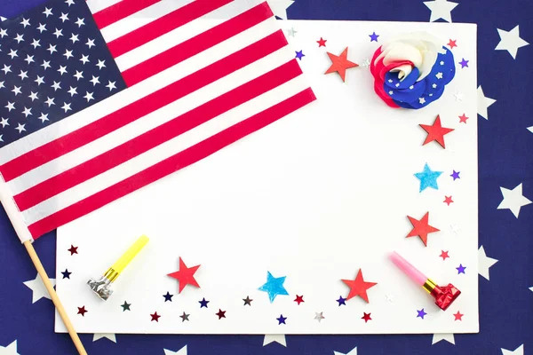 4th of July. Concept for Independence Day with red and blue paper stars confetti and flag in national American colors. Independence day, card,