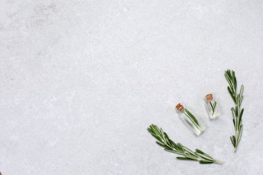 Taze biberiye ve arka planda taze biberiye dalları olan gerekli yağ. Biberiye özlü organik kozmetik ürünler..