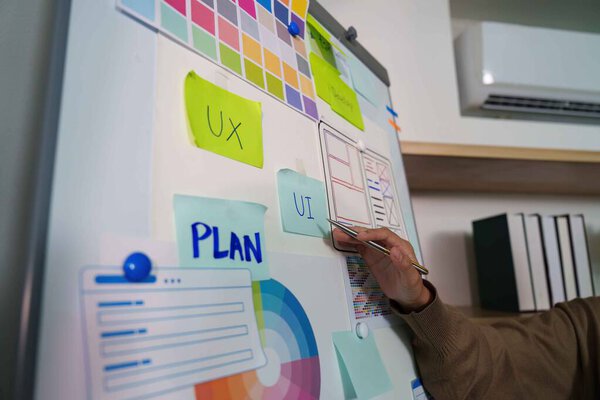 Платформа пользовательского интерфейса UX, заполненная красочными нотами и прототипами, демонстрирующая творческий процесс в современном рабочем пространстве.