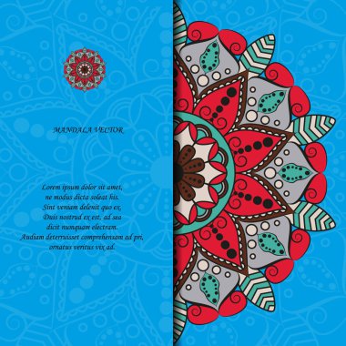 Hint tarzı renkli süslü mandala kartı. Etnik motiflerle süs boş. Oryantal grafik tasarım konsepti. Kağıt broşür şablonu. EPS 10 vektör çizim. Kırpma maskesi.