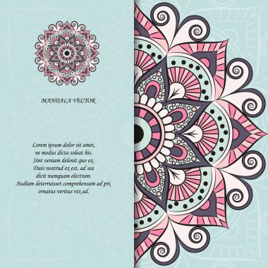 Hint tarzı renkli süslü mandala kartı. Etnik motiflerle süs boş. Oryantal grafik tasarım konsepti. Kağıt broşür şablonu. EPS 10 vektör çizim. Kırpma maskesi.