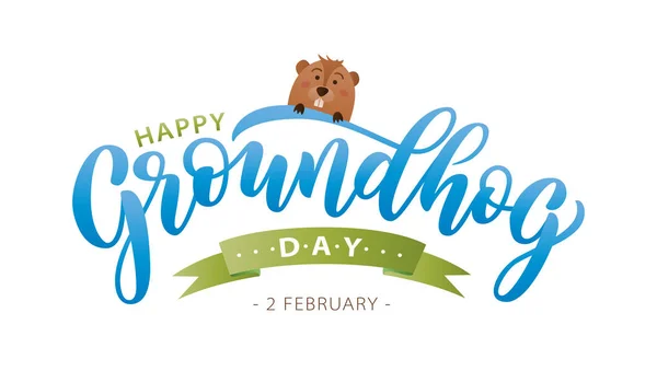 Happy Groundhog Day. Hand getrokken belettering tekst met schattige groundhog. 2 februari. Vectorillustratie. — Stockvector