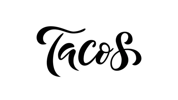 Tacos. Vektör illüstrasyon. Promosyon işareti grafik ptint. Geleneksel Meksika mutfağı. Elle çizilmiş metin logosu