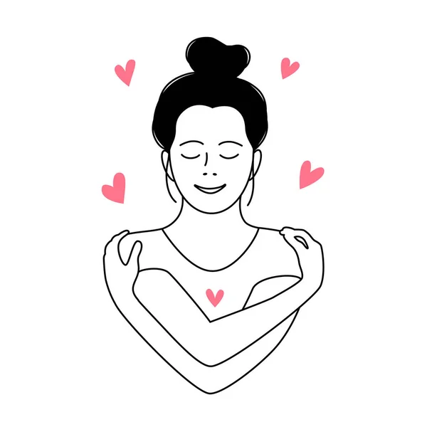 Woman hugging herself with hearts on white background. Love yourself. Love your body concept. Vector illustration. — Stock Vector