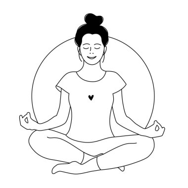 Kız meditasyon yapıyor. Rahat ol. Akıl sağlığı konsepti. Meditasyon. İç ahenk. Çizgi çizme biçimi