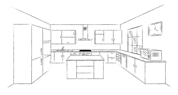 Desenho Mão Desenho Cozinha Interior Plano Com Ilha Ilustração Projeto — Vetor de Stock