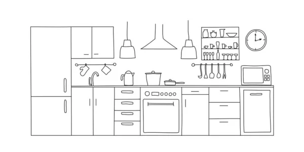 Интерьер Кухни Зарисовывает Вручную Вид Спереди Контурная Векторная Иллюстрация Кухонная — стоковый вектор