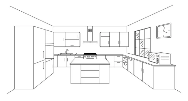 Schets Moderne Keuken Plan Met Eiland Eén Punt Perspectief Lijntekening — Stockvector