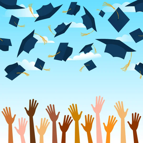 Cosmopolite Hands Different Races Nationalities Color Hands Throwing Blue Graduation Stock Vector
