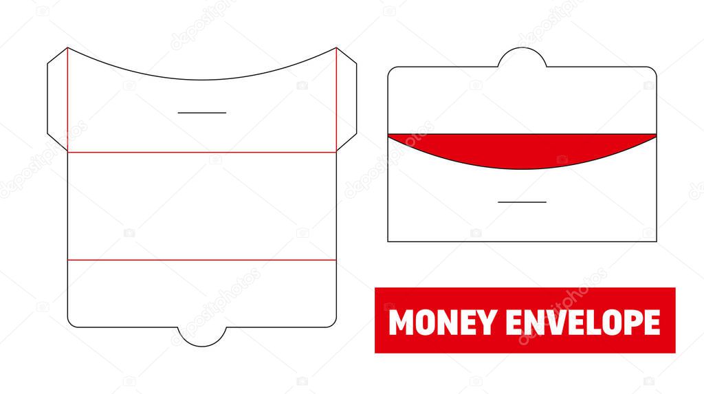 Money envelope die cut, stamp. Empty shablon template. Vector black isolated circuit. Gift for wedding.