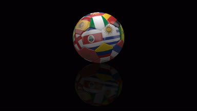 Futbol topu Dünya Kupası katılan bayraklı siyah yansıtıcı yüzey, 3d render, 4 k ayak, döngü üzerinde döner