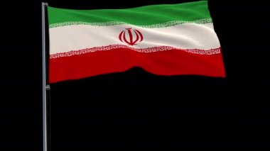 Rüzgar saydam mavi arka plan, 3d render, 3d render, 4 k prores 4444 görüntüleri ile alfa şeffaflık çırpınan bir bayrak direğine İran bayrağı izole