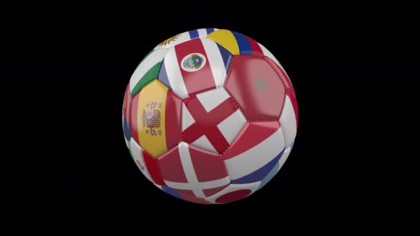 Balón Fútbol Giratorio Con Banderas Los Países Del Mundo Sobre — Vídeos de Stock