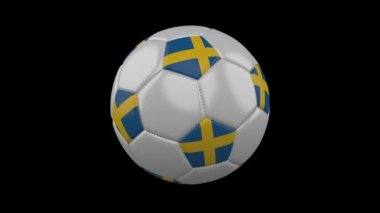 İsveç bayrağı renkleri futbol topuyla döner şeffaf arka plan, 3d render, prores 4444 alfa kanalı ile döngü